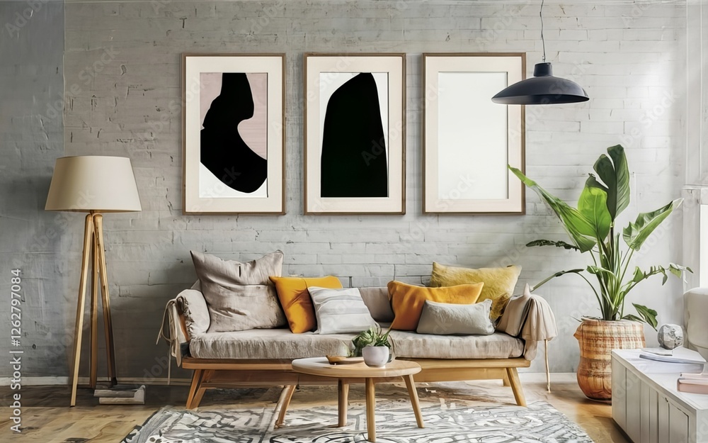 Obraz premium A cinematic medium shot of a modern, minimalistic interior with a black thin-framed blank vertical poster on the wall. The room has hardwood floors, a sofa, plants, and a lamp using AI generated
