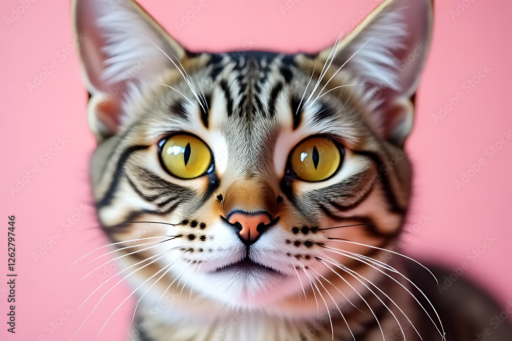 close up of cat with striking yellow eyes and patterned coat against pink background. cats expression is curious and engaging, capturing viewers attention close up of cat with striking yellow eyes and patterned coat against pink background. cats expression is curious and engaging, capturing viewers attention