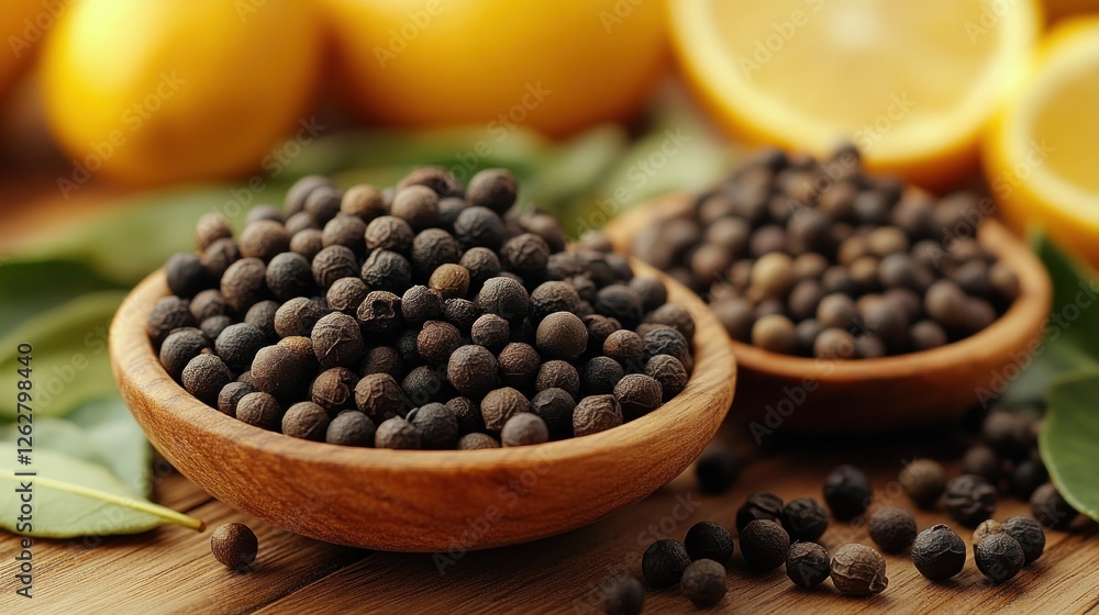Wooden bowls of peppercorns on wooden table with lemons Wooden bowls of peppercorns on wooden table with lemons