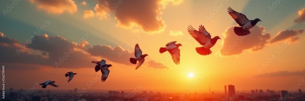 Fototapeta premium Homing pigeons in flight, sun dipping below horizon, nature photography, landscape