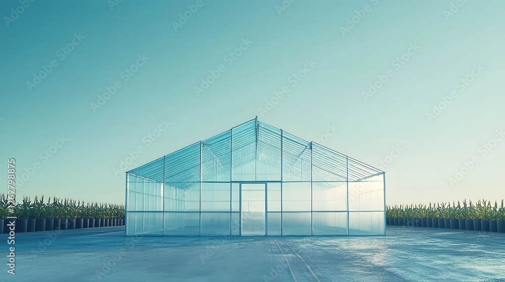 Modern Glass Greenhouse in Agricultural Field Under Clear Sky