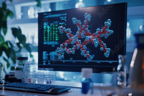 Molecular model of a protein displayed on a computer screen in a laboratory setting