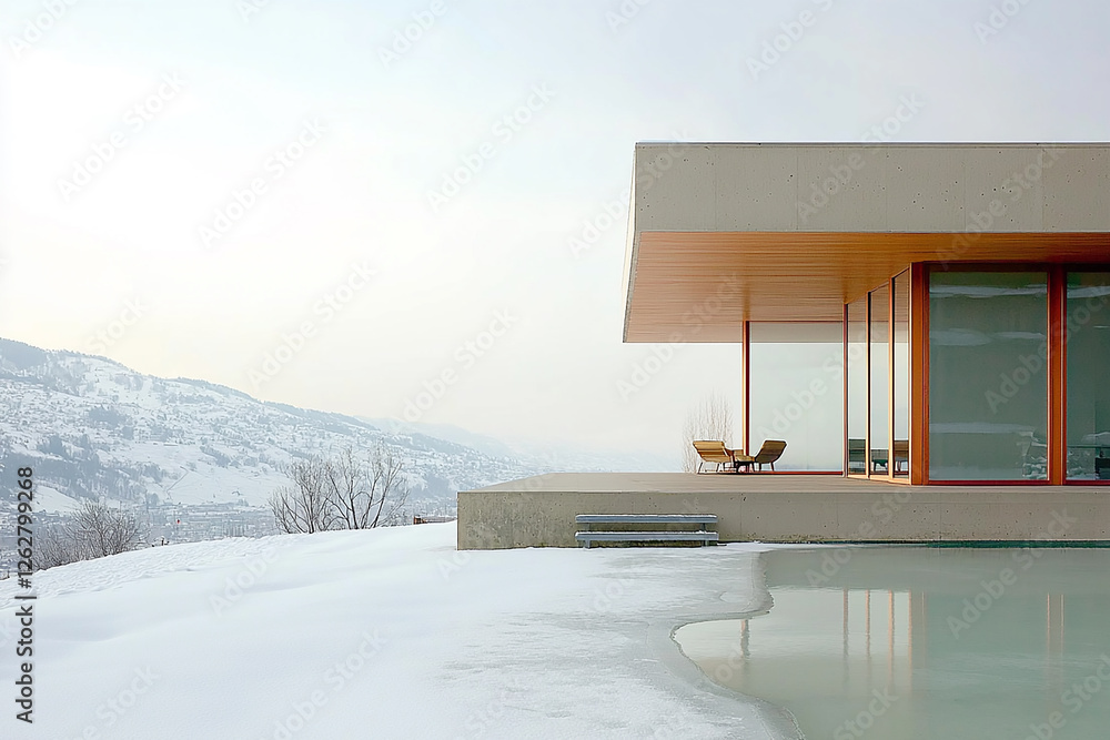 Modern minimalist house overlooking snowy landscape architectural detail shot Modern minimalist house overlooking snowy landscape architectural detail shot
