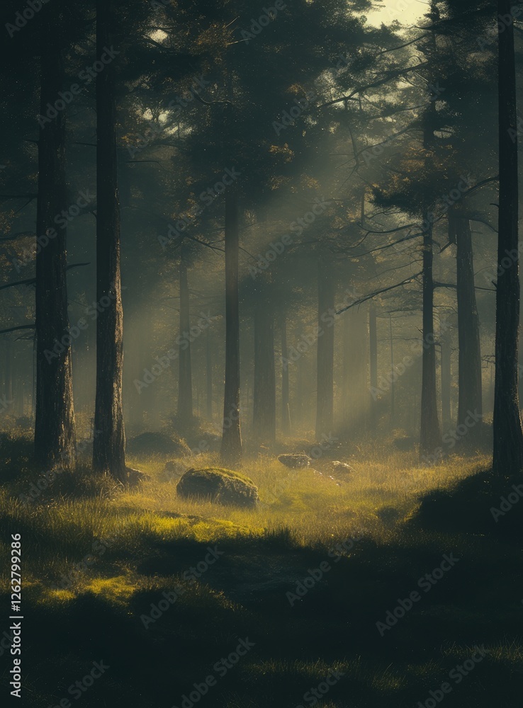 Fototapeta premium Forest in the morning fog and sunlight
