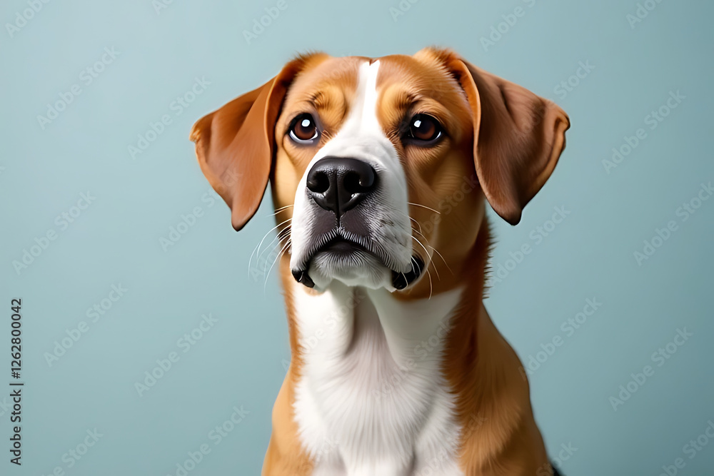 close up portrait of beagle dog with soft expression, showcasing its distinctive features against light blue background. dogs fur is mix of brown and white, highlighting its friendly demeanor close up portrait of beagle dog with soft expression, showcasing its distinctive features against light blue background. dogs fur is mix of brown and white, highlighting its friendly demeanor