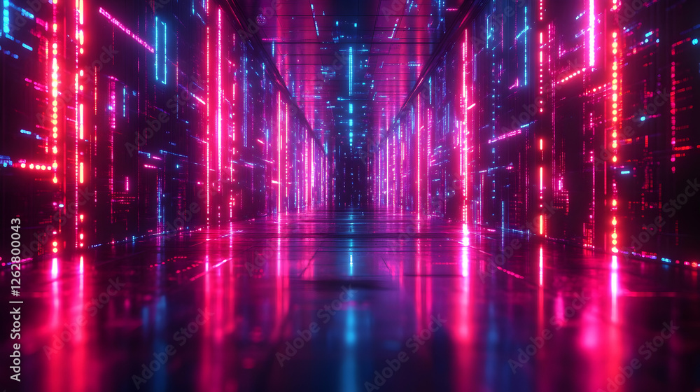 Neon Glowing Digital Tunnel With Pink And Blue Lights Neon Glowing Digital Tunnel With Pink And Blue Lights