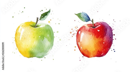 Watercolor painting of green and red apples on white background for food blogs