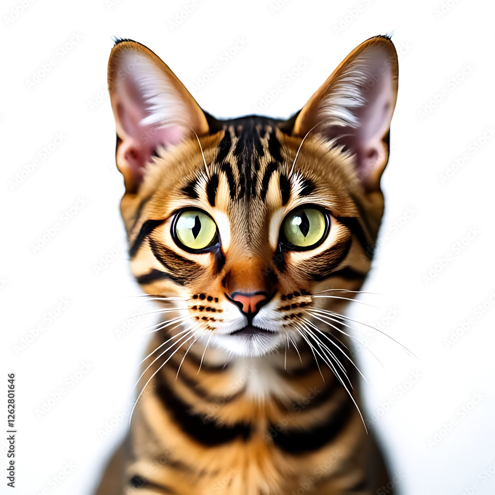 Bengal cat with striking green eyes and distinctive coat pattern, showcasing its playful and curious nature. This captures essence of feline beauty and charm Bengal cat with striking green eyes and distinctive coat pattern, showcasing its playful and curious nature. This captures essence of feline beauty and charm