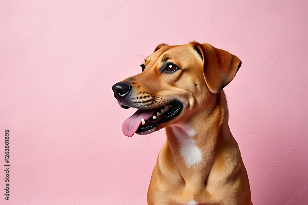 Obraz premium happy dog with playful expression against pink background, showcasing its shiny coat and bright eyes. This captures joy and charm of beloved pet
