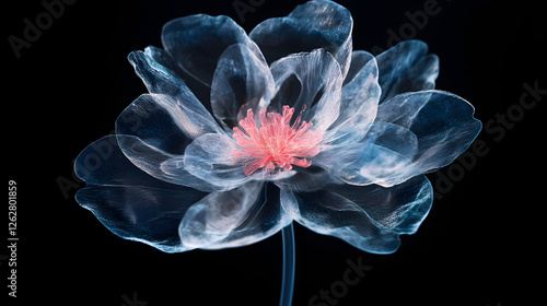 A single flower made of transparent plastic material, with light pink and dark blue colors
