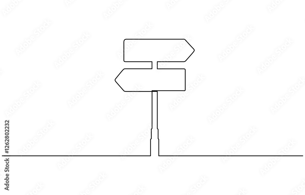 One Continuous line drawing of Road direction signpost arrows to the right and left and plate, Road direction sign arrows isolated on white background. One Continuous line drawing of Road direction signpost arrows to the right and left and plate, Road direction sign arrows isolated on white background.
