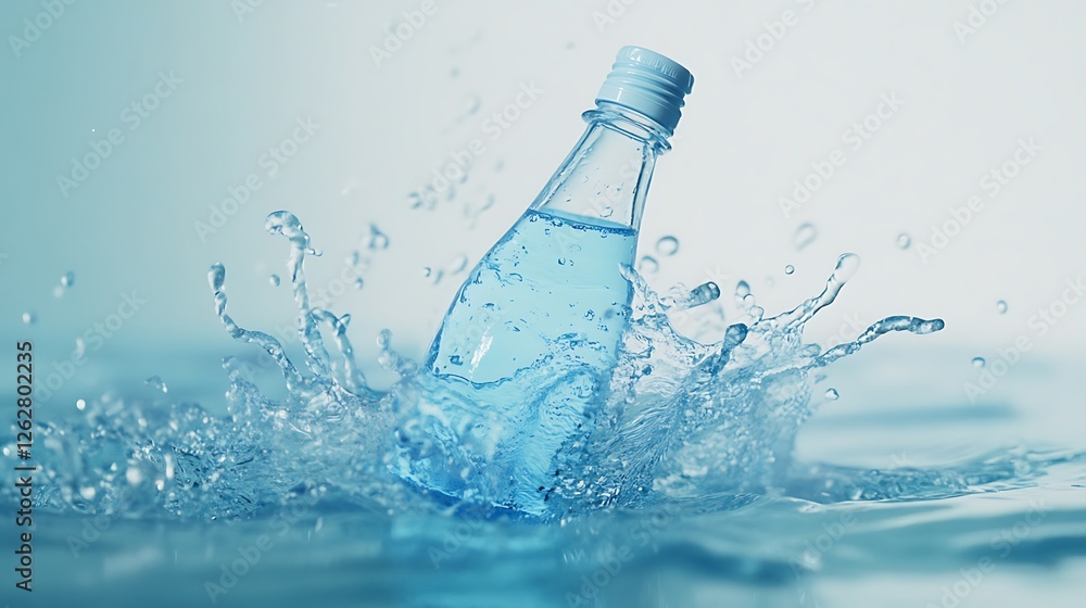 A water bottle on water surrounded by liquid splashing A water bottle on water surrounded by liquid splashing