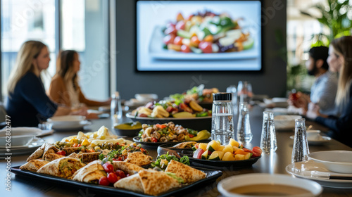 Corporate lunch meeting with healthy dishes modern office food photography indoor overhead view wellness concept