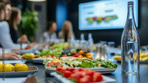 Business meeting with healthy lunch spread conference room professional environment engaging viewpoint corporate wellness focus photo