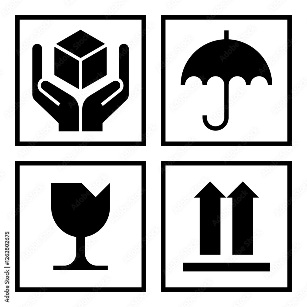 Package sign sign set. Handle with care, keep dry, fragile warning label with broken glass symbol and this side up sign. Package sign sign set. Handle with care, keep dry, fragile warning label with broken glass symbol and this side up sign.