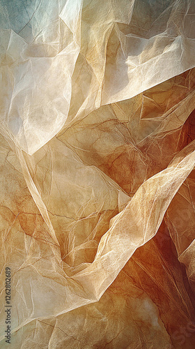 Crinkled translucent fabric, sunset backdrop, texture design