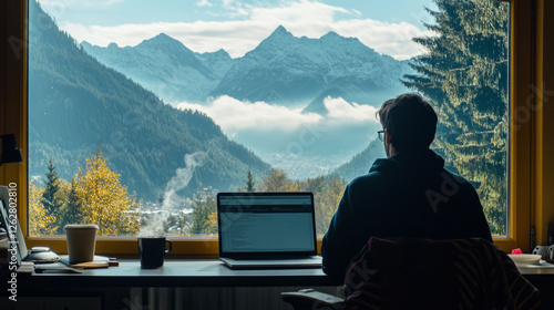 Remote work inspiration scenic mountain view from home office tranquil environment creative mindset