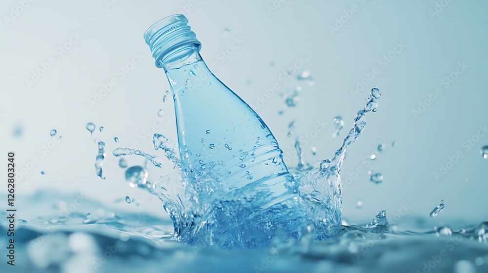A water bottle on water surrounded by liquid splashing A water bottle on water surrounded by liquid splashing