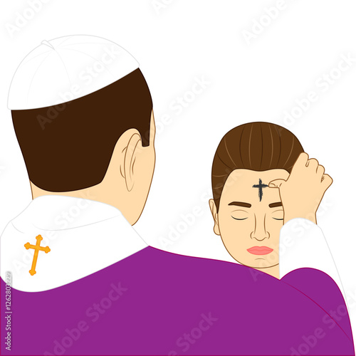 Vector illustration of priest making cross on forehead of girl with ashes on transparent background