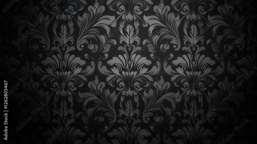 Richly detailed black and gray damask pattern adorns an elegant wall in a sophisticated interior design setting. Generative AI Richly detailed black and gray damask pattern adorns an elegant wall in a sophisticated interior design setting. Generative AI