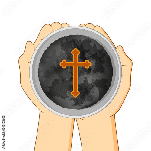Vector illustration of hands holding Ashes in a bowl with wooden cross on transparent background