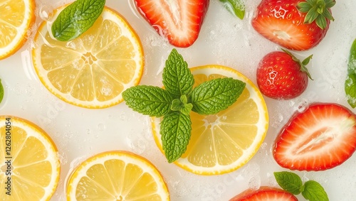 Slices of citrus fruits, strawberries, and mint leaves floating in clear water with bubbles, creating a refreshing summer aesthetic.