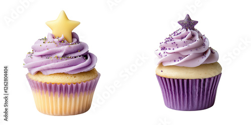 Beautiful Purple Cupcakes with Star Toppers, isolated on transparent background.