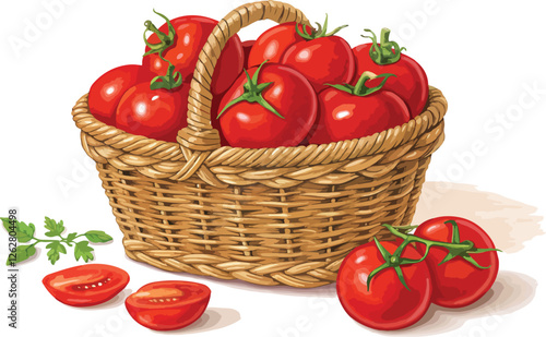 Red Tomato in wicker basket with Tomato slice vector design, Red Tomatoes in wicker basket vector design