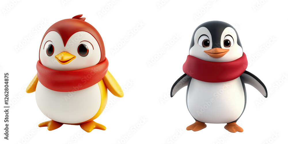 Fototapeta premium Cute and Colorful Cartoon Penguins with Scarves in a Cheerful Pose, isolated on transparent background.