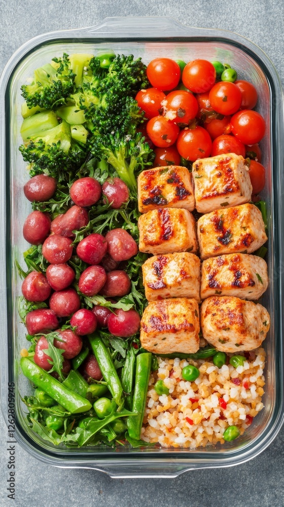 Colorful meal prep container showcases grilled tofu cubes alongside a variety of fresh vegetables and whole grains, promoting nutritious eating habits Colorful meal prep container showcases grilled tofu cubes alongside a variety of fresh vegetables and whole grains, promoting nutritious eating habits