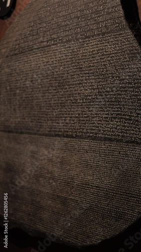 Vertical screen showing a close-up of the Rosetta Stone, featuring its inscriptions in three scripts: Egyptian hieroglyphs, Demotic, and Ancient Greek, key to understanding ancient Egyptian writing. photo