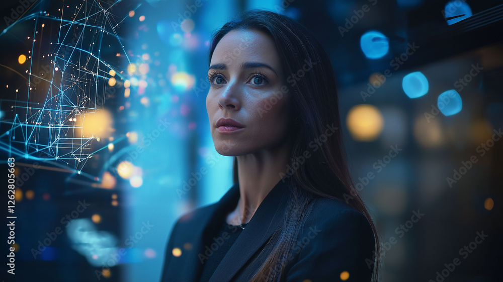 A powerful woman standing in front of a 3D holographic innovation model, representing technological advancement and leadership A powerful woman standing in front of a 3D holographic innovation model, representing technological advancement and leadership