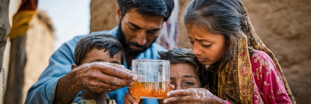 A family sharing a single glass of water, with their faces etched with worry, as drought continues to ravage their village.