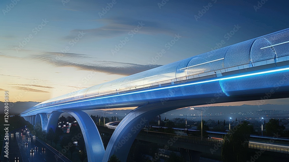 Fototapeta premium Futuristic High-Speed Train Crossing a Bridge at Dusk