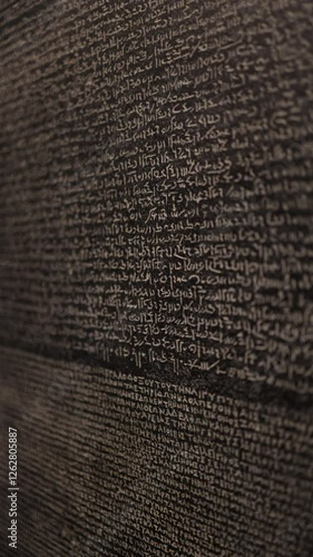 Vertical screen showing a detailed view of the Rosetta Stone, focusing on the inscriptions in ancient Egyptian hieroglyphs, which played a crucial role in decoding the ancient language.

 photo