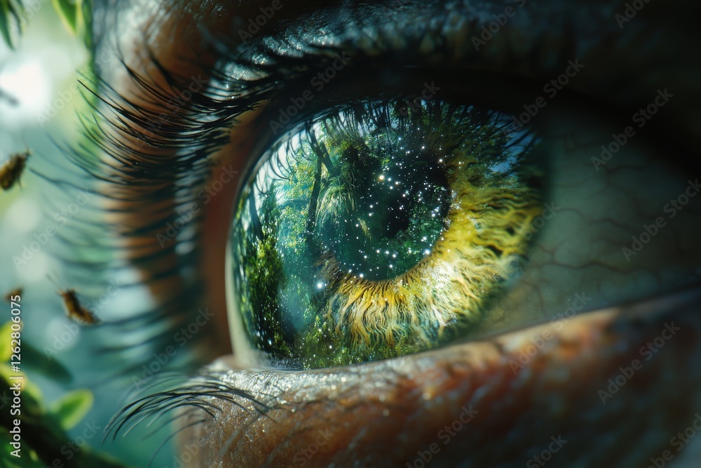 Close-up of an eye reflecting a lush forest scene. Nature's beauty mirrored in the iris. Close-up of an eye reflecting a lush forest scene. Nature's beauty mirrored in the iris.