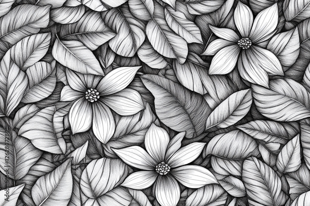 Repeating drawings with the image of leaves and flowers, creating a cozy and natural atmosphere, textures, patterns Repeating drawings with the image of leaves and flowers, creating a cozy and natural atmosphere, textures, patterns