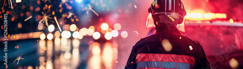 firefighter stands in rain, illuminated by emergency lights, ready for action