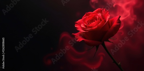 Single red rose engulfed in swirling red smoke against a black backdrop, red smoke, botanical, texture