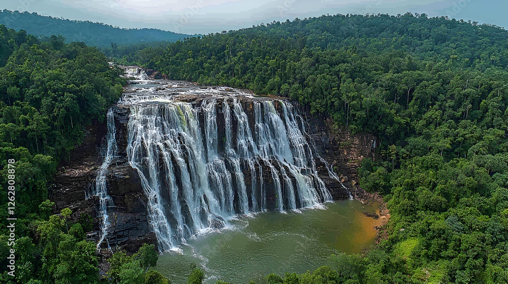 Fototapeta premium Aerial view of waterfall cascading into lush rainforest. Possible use stock photo for travel brochures or nature documentaries
