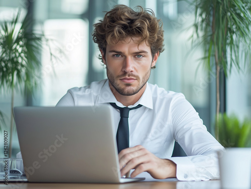 A young entrepreneur sitting at a modern wooden desk photo