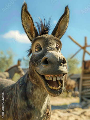 descriptionHappy donkey with big smile in sunny outdoor setting, enjoying life