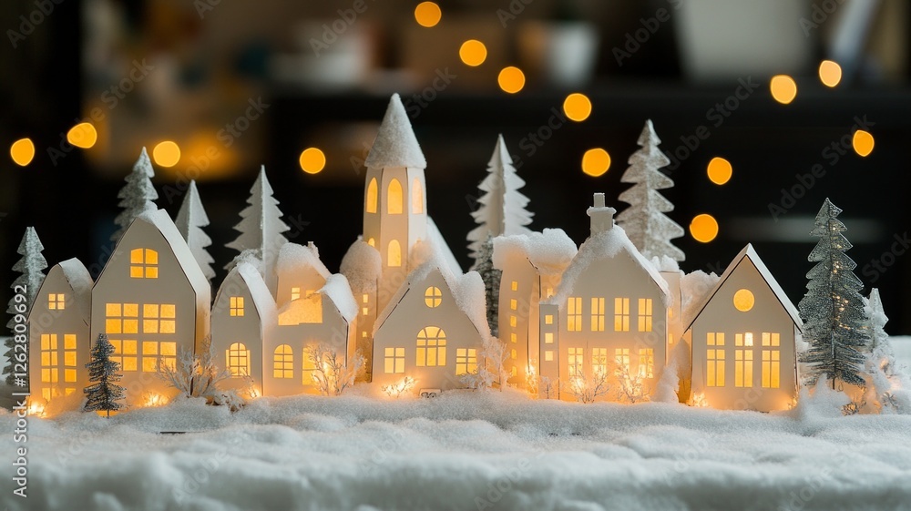 Obraz premium Illuminated Winter Village Paper Houses in the Snow