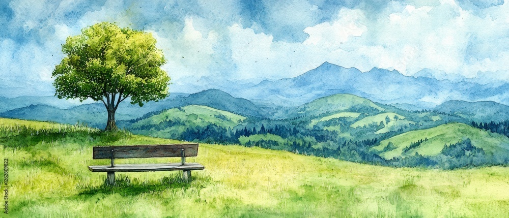 Obraz premium A serene landscape features a solitary bench under a tree overlooking rolling green hills and distant blue mountains on a clear day