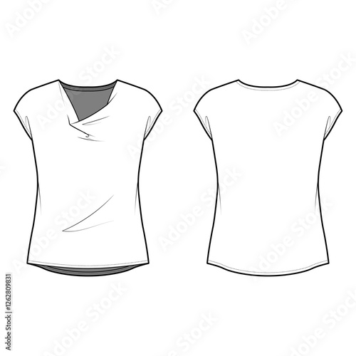 Technical flat sketch of Cowl neck blouse. Drop shoulder sleeveless top. Vector mock up Template. 