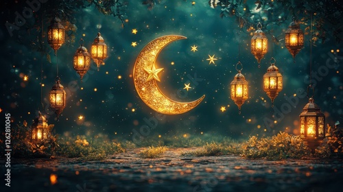 Islamic ramadan background design in fairy tale style with red crescent and lantern