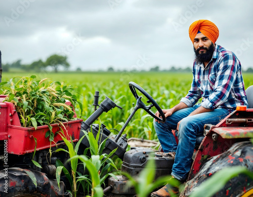 Young Sikh farmer driving a modern tractor in a lush Punjab wheat field