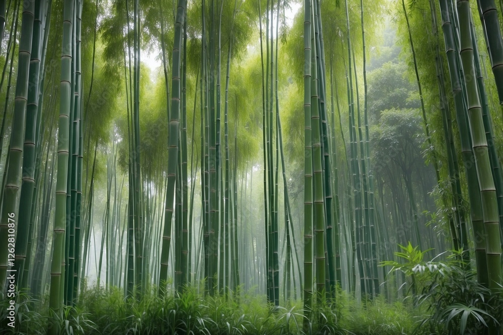 Fototapeta premium Tall bamboo stalks in a beautiful garden with a green background