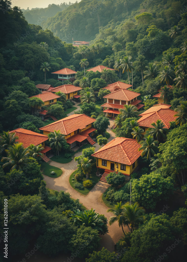 Fototapeta premium Tranquil tropical village with wooden houses nestled among lush green trees and palm trees, offering a peaceful, eco-friendly retreat in a serene jungle landscape
