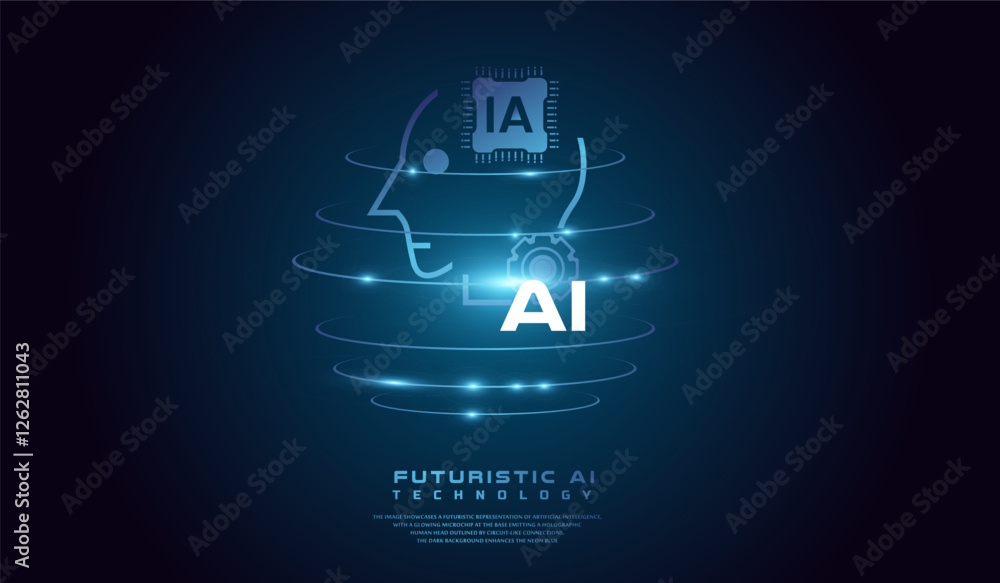 Naklejka premium Technological Digital Brain with AI Chip. AI head concept Vector illustration. Artificial Intelligence Head, Isometric Vector banner for AI head system in vector
